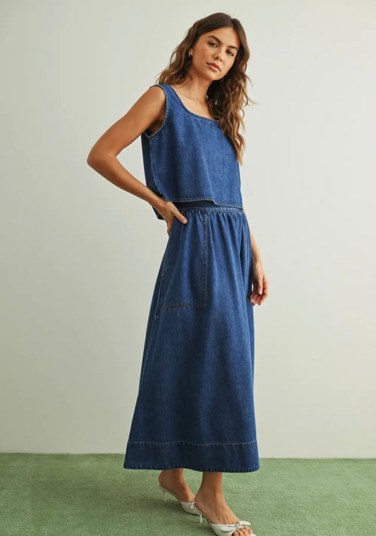 Denim back button tank