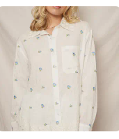 Blue Floral Lace Collar Button-Up Blouse